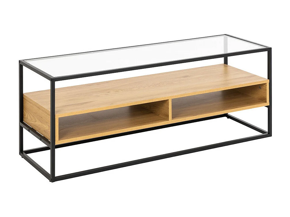 Luma - Meuble TV en verre, bois et métal L120cm - Bois clair