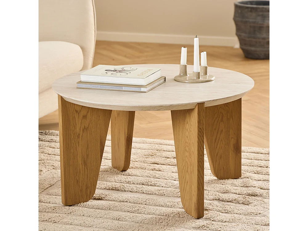 Vivo - Table basse ronde en effet travertin ø80cm - Beige