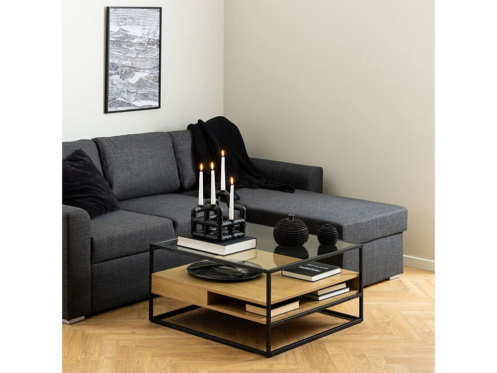 Luma - Table basse carrée en verre, bois et métal 80x80cm - Bois clair