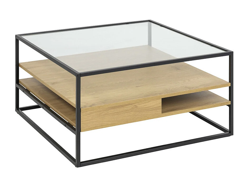 Luma - Table basse carrée en verre, bois et métal 80x80cm - Bois clair