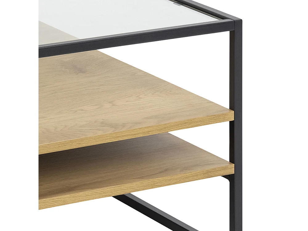 Luma - Table basse carrée en verre, bois et métal 80x80cm - Bois clair