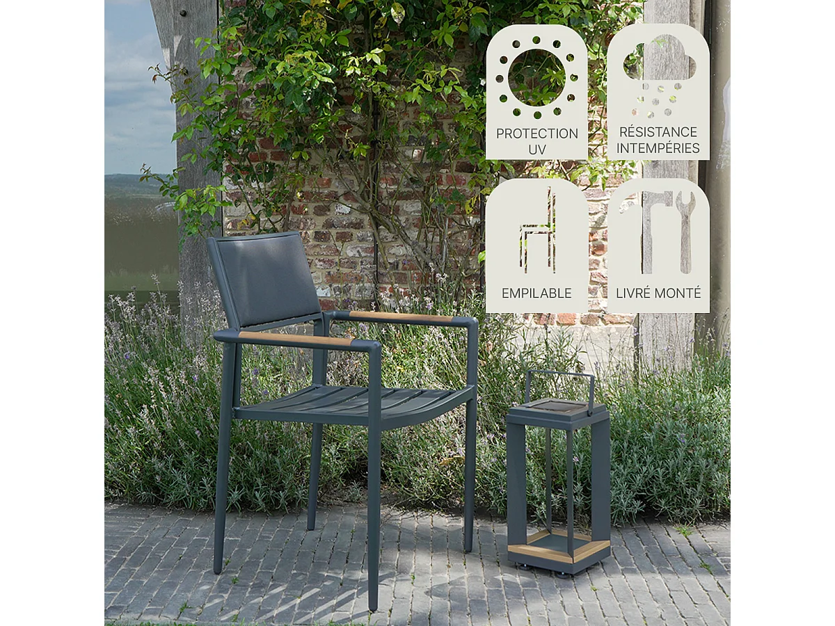 Fauteuil de jardin en aluminium et teck anthracite PIANA