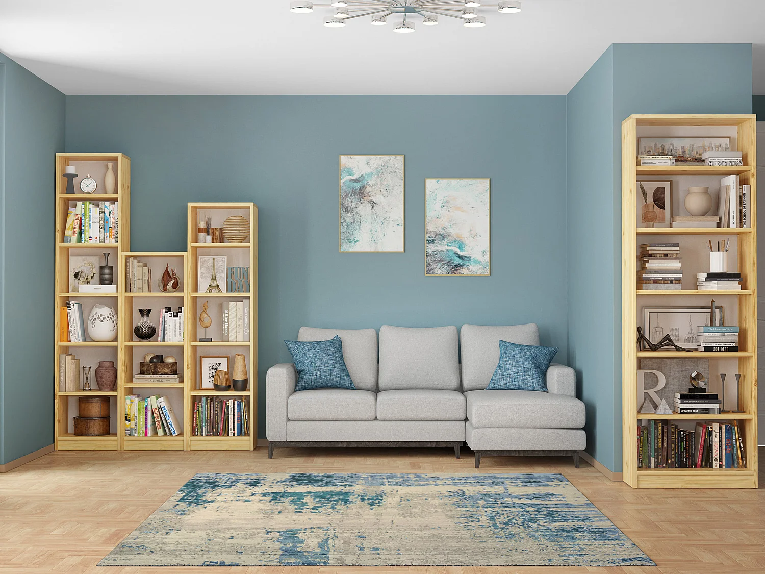 Bibliothèque en bois 150 x 40 cm Eko built medium, étagères réglables, couleur pin