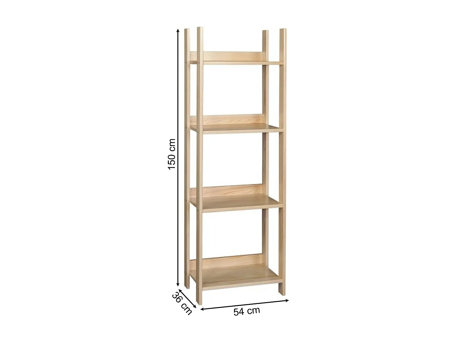 Bibliothèque en bois 150 x 54 cm Eko, 4 étagères, couleur pin