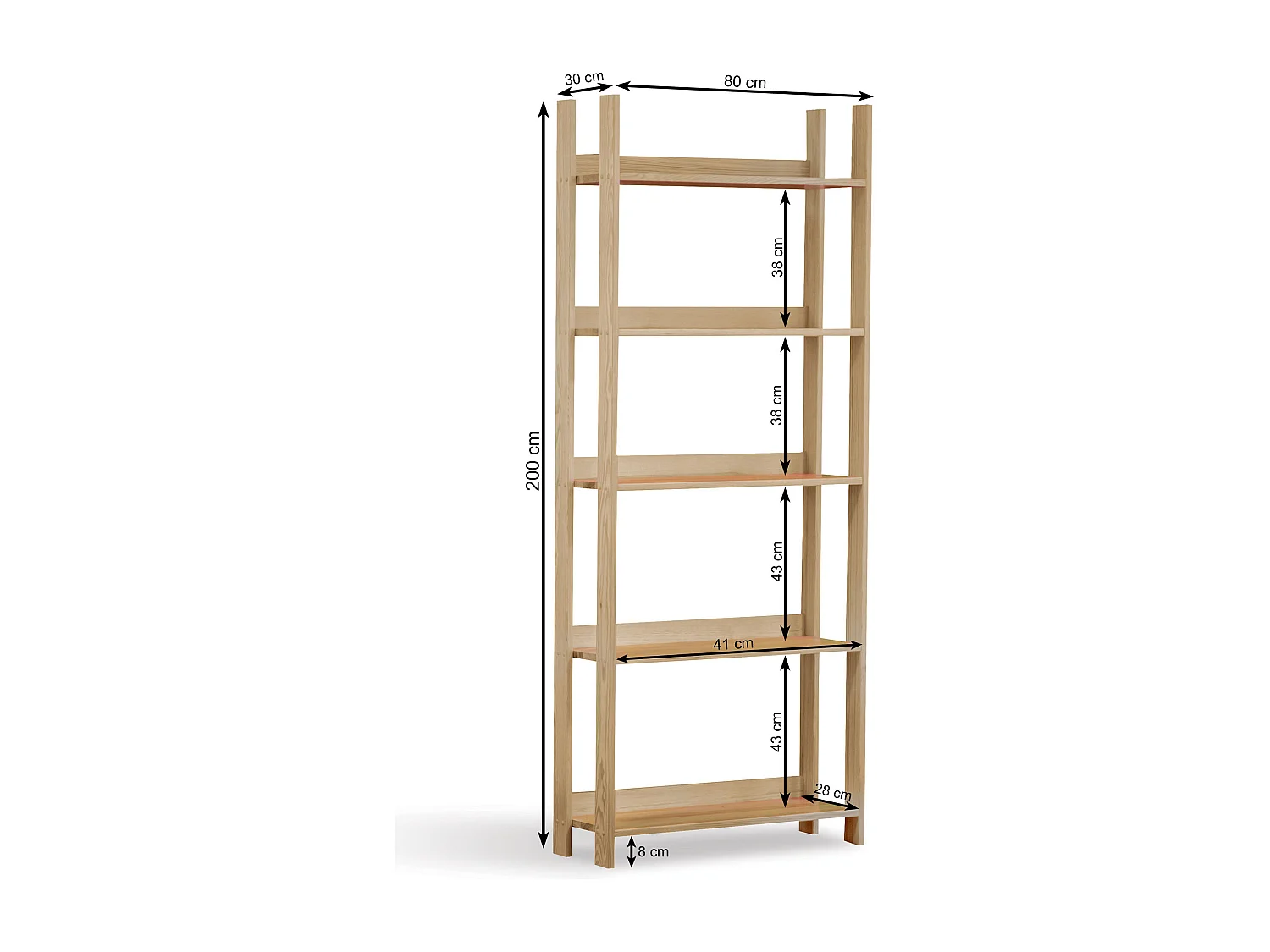 Regał drewniany 200 x 80 cm Ażurowy, 5 półek, kolor sosnowy