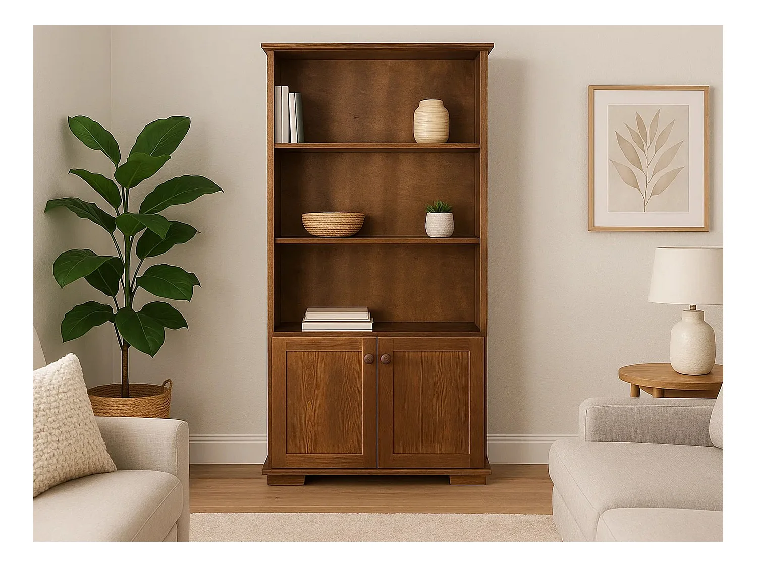 Bibliothèque en bois avec portes et étagères Modern III, coloris châtaigne