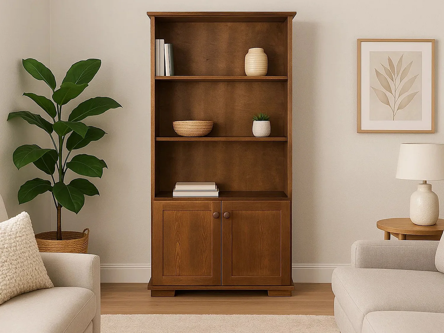 Houten boekenkast met deuren en legplanken Modern III, kleur kastanje