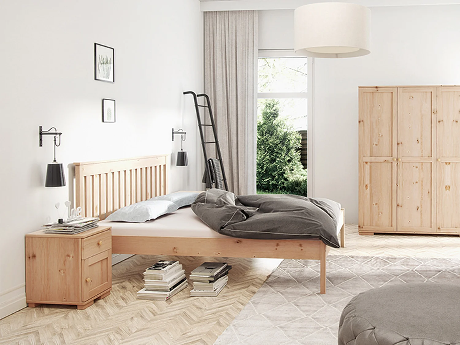 Lit 160x200 en bois de Gres, couleur pin