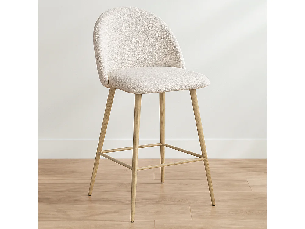 Tabouret En Bouclette Fausse Fourrure Tapissée - Boucles Blanches - Design scandinave - 66cm - Evelyne Blanc