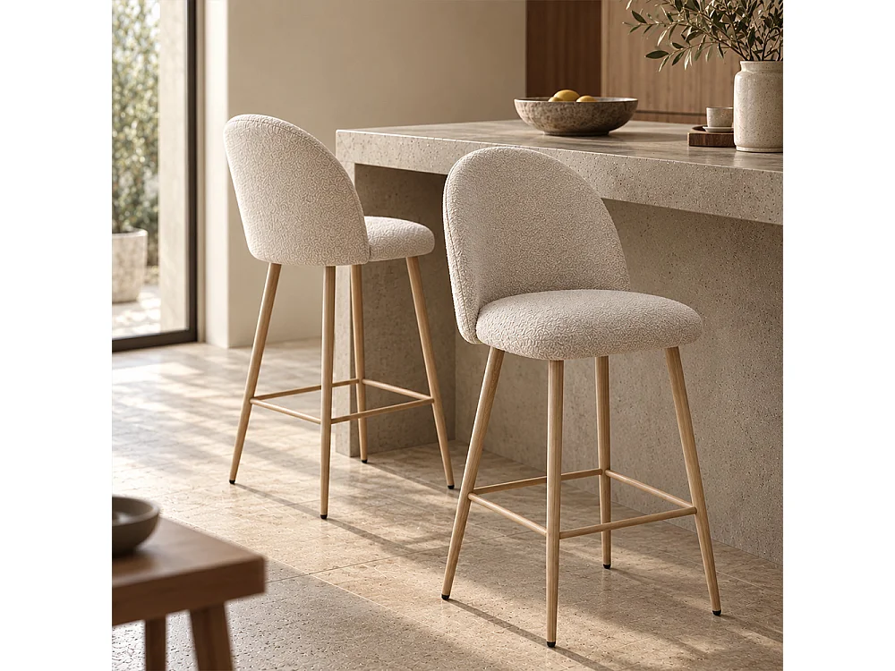 Tabouret En Bouclette Fausse Fourrure Tapissée - Boucles Blanches - Design scandinave - 66cm - Evelyne Blanc