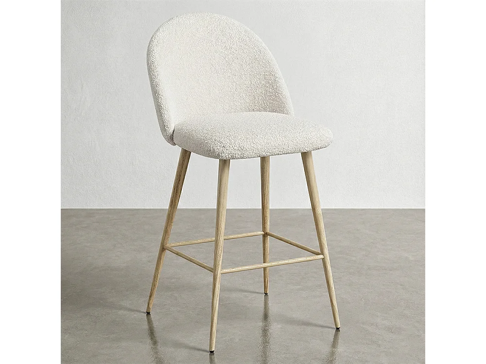 Tabouret En Bouclette Fausse Fourrure Tapissée - Boucles Blanches - Design scandinave - 66cm - Evelyne Blanc