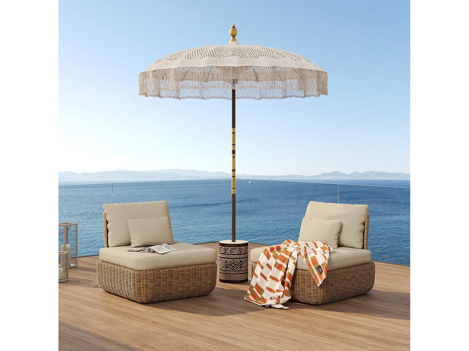 Parasol en bois de cocotier et macramé - Fakélé