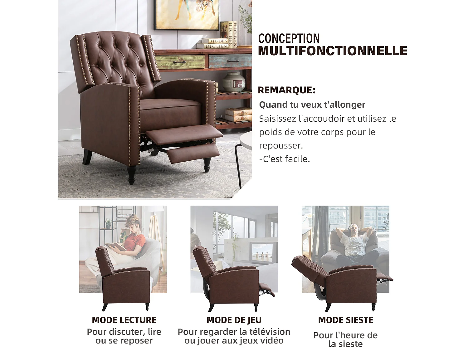 Sillón reclinable Adamen con soporte lumbar - Estructura de metal resistente para sala de estar, dormitorio u oficina, comodidad ergonómica ajustable