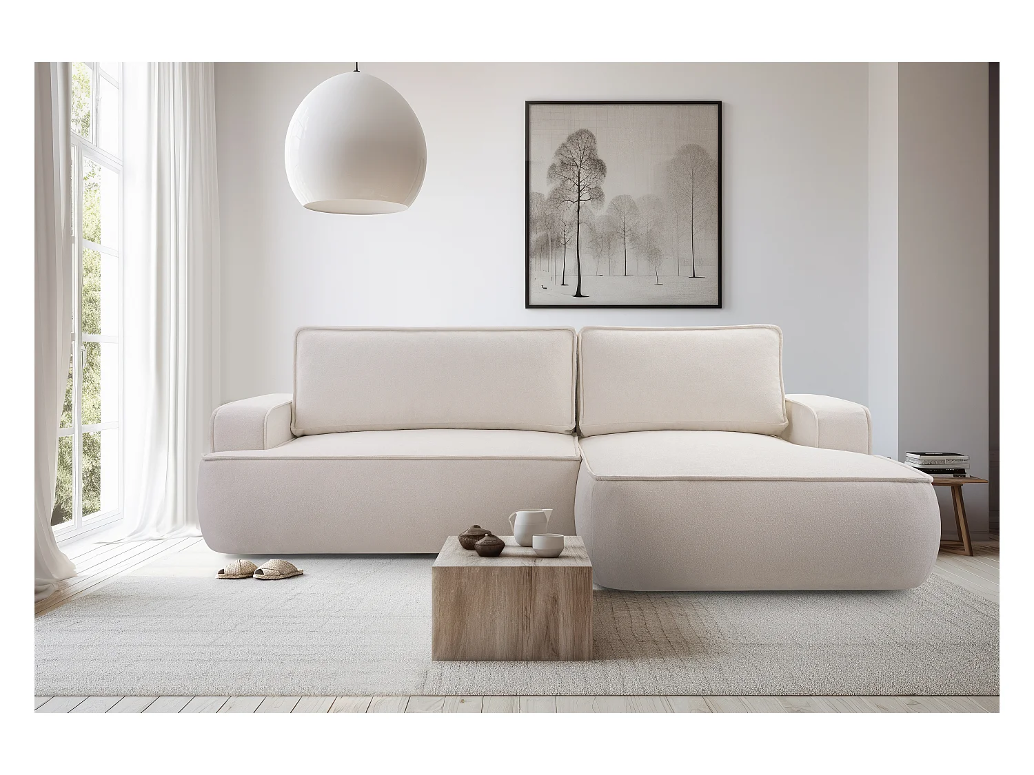 AX LIVING Ablia Sofa L Form mit Schlaffunktion Creme Ecksofa 267 cm R