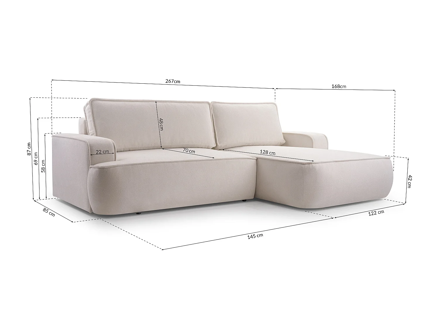 AX LIVING Ablia Sofa L Form mit Schlaffunktion Creme Ecksofa 267 cm R