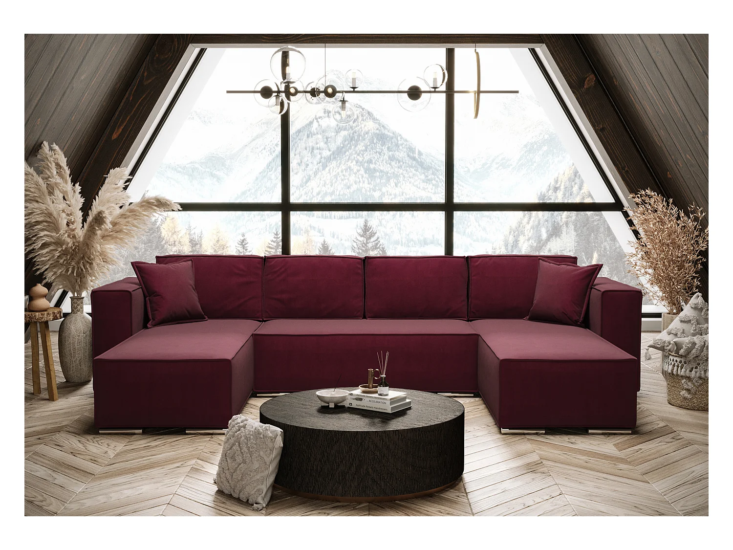 AX LIVING Canapé d'angle en U avec convertible bordeaux Vinoria 327 cm