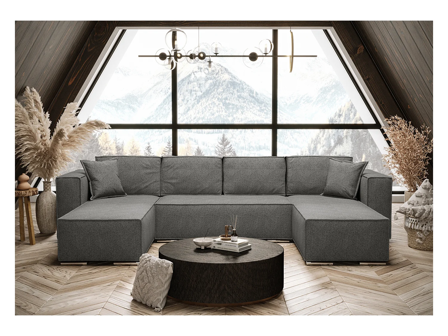 AX LIVING Canapé d'angle en U convertible gris foncé, Vinoria, 327 cm