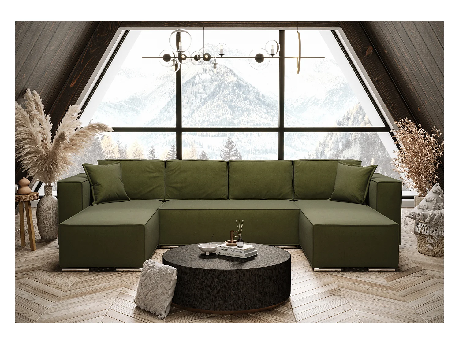 AX LIVING Canapé d'angle en U avec convertible, vert, Vinoria, 327 cm