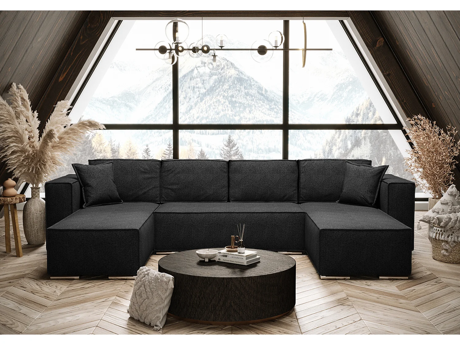AX LIVING Ecksofa Schwarz mit Schlaffunktion U-Form Vinoria 327 cm