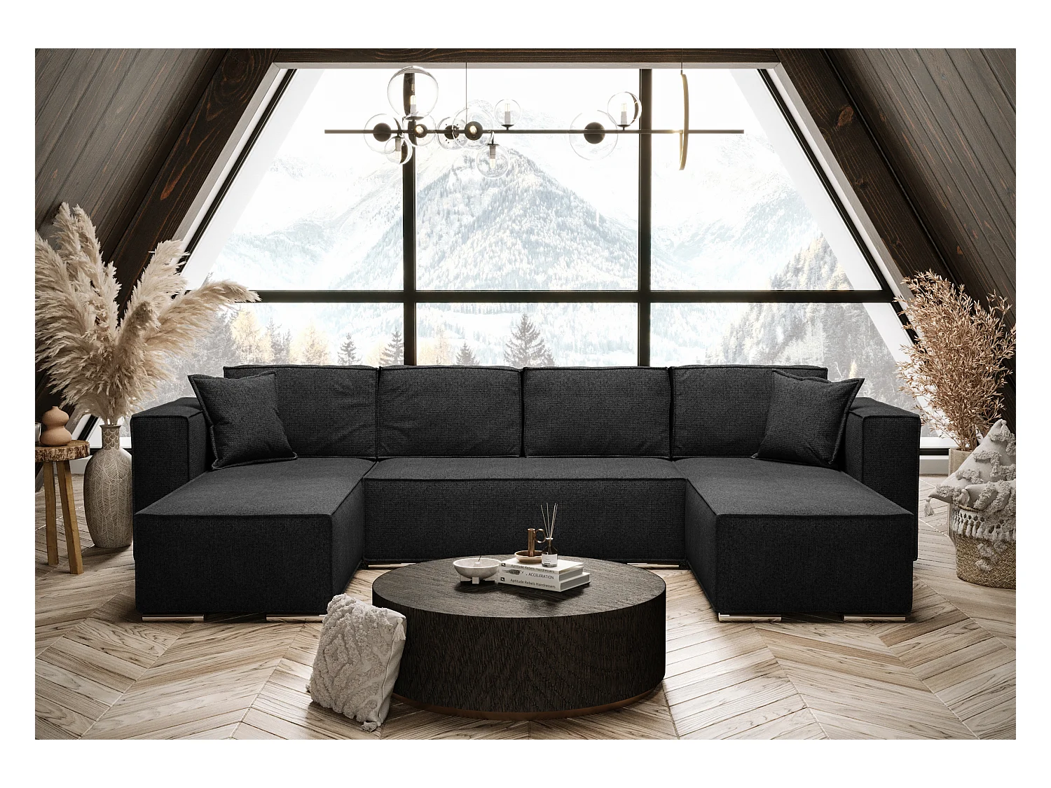 AX LIVING Canapé d'angle en U avec convertible, noir, Vinoria, 327 cm