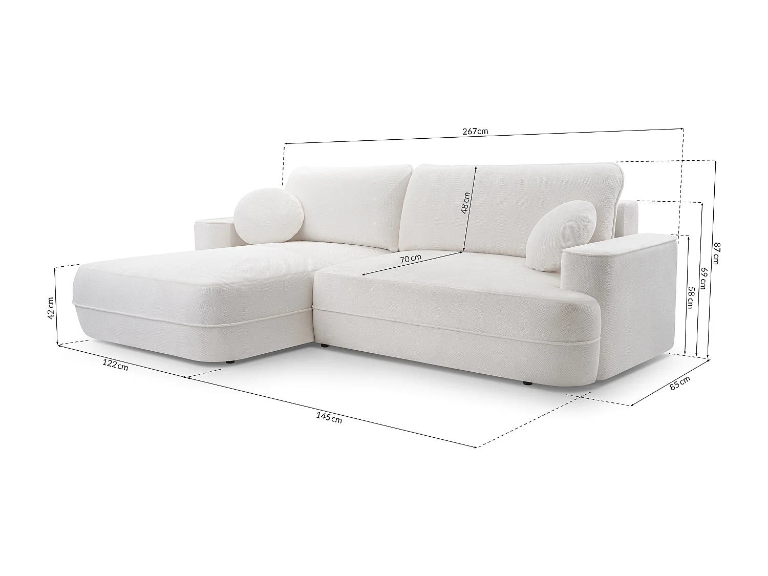 AX LIVING Witte hoekbank met slaapfunctie Peoni 267 cm met bedlade R