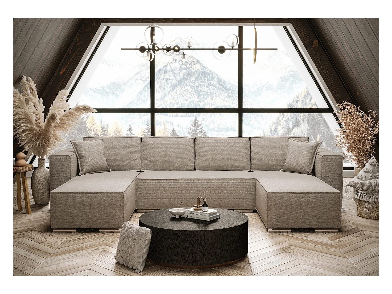 AX LIVING Canapé d'angle en U avec convertible, beige, Vinoria 327 cm
