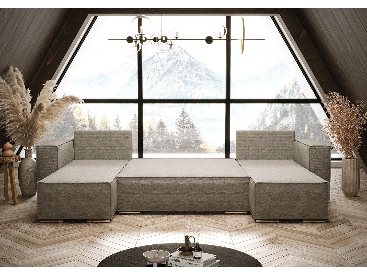 AX LIVING U-Form Ecksofa mit Schlaffunktion Beige Vinoria 327cm modern