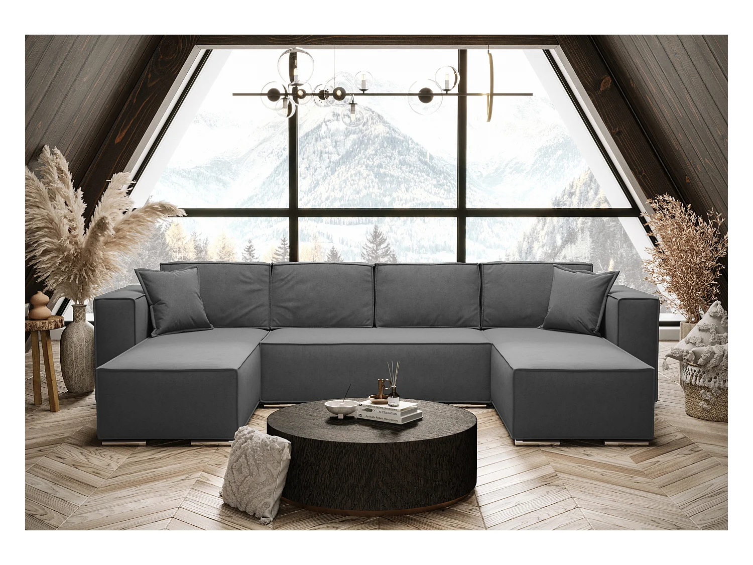 AX LIVING Canapé d'angle en U avec convertible, gris, Vinoria 327 cm