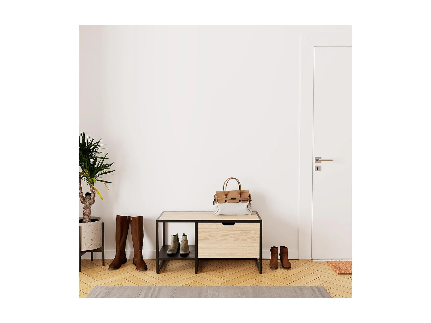 Banc rangement chaussures bois et métal 90x46cm