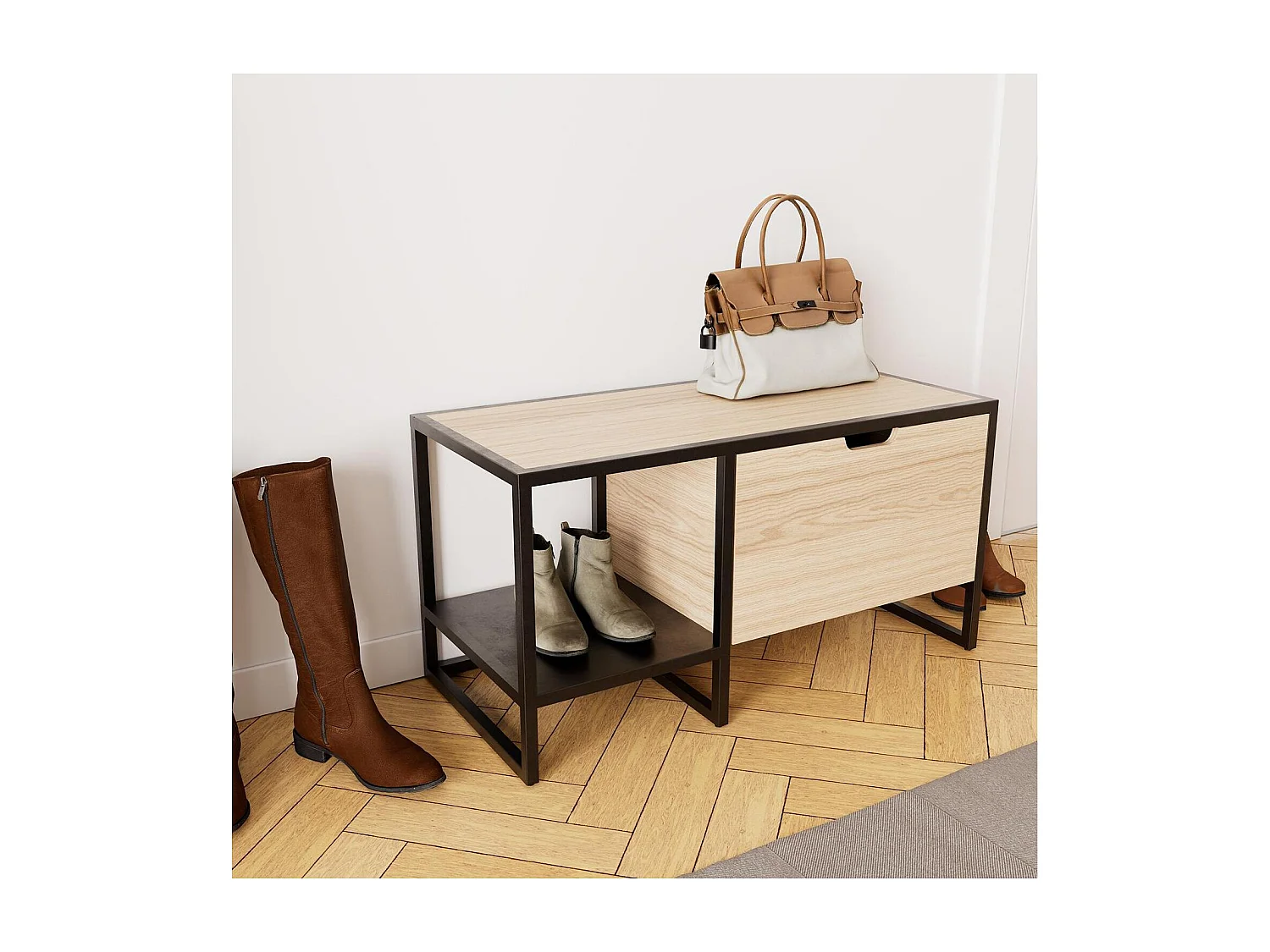 Banc rangement chaussures bois et métal 90x46cm