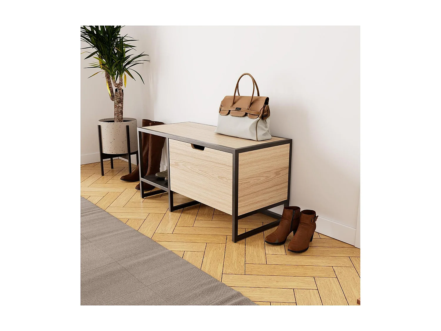 Banc rangement chaussures bois et métal 90x46cm
