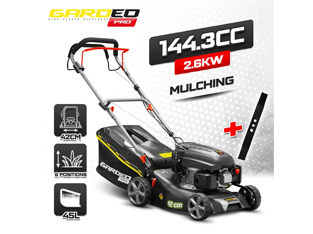Tondeuse thermique autotractée 144.3cc - 42cm livrée avec 2 lames + mulching - Gardeo Pro