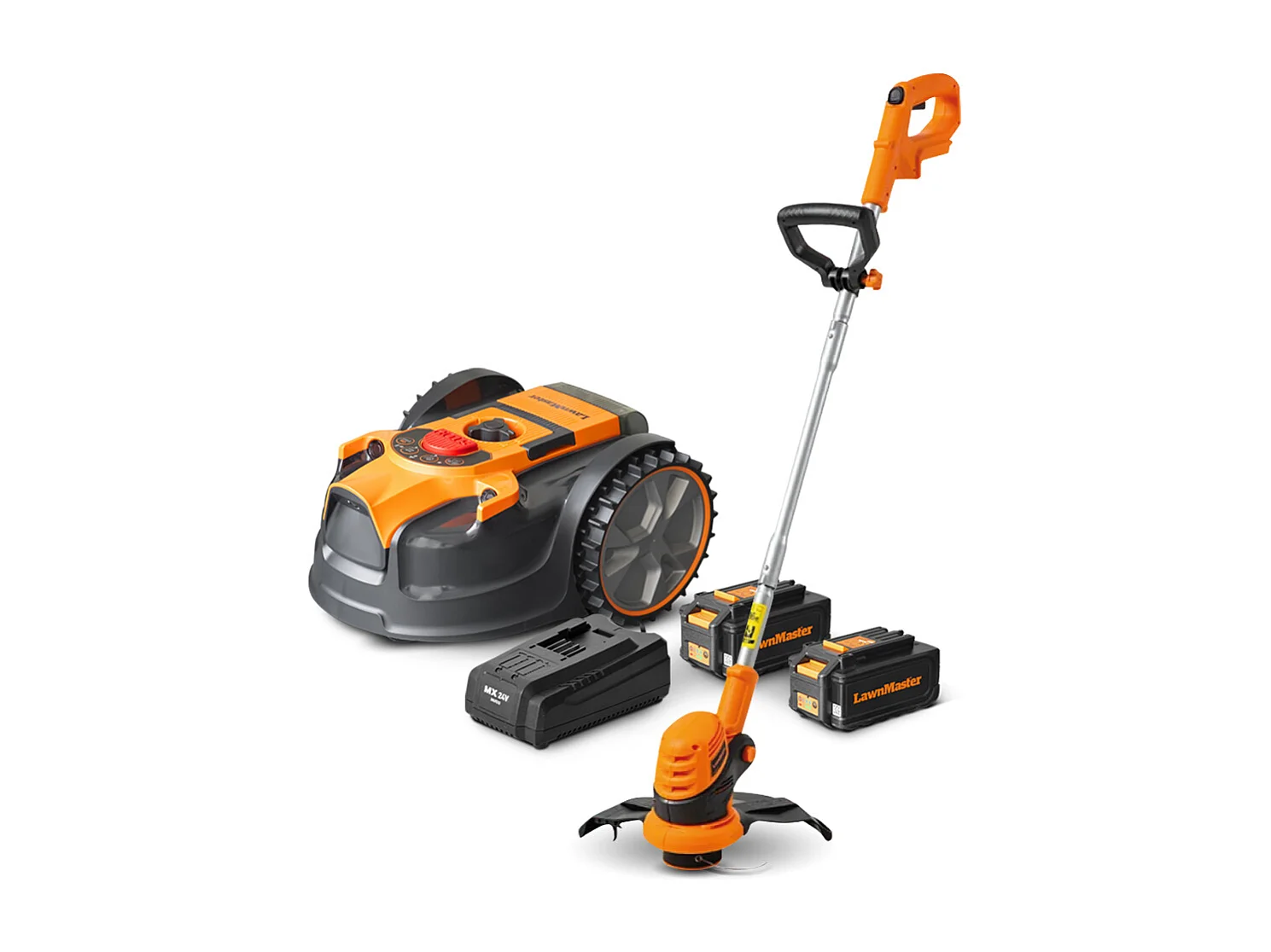 Robot tondeuse autonome 24V sans fil périmétrique - Le robot le plus simple du marché + Coupe bordures 24v et 2 batteries.