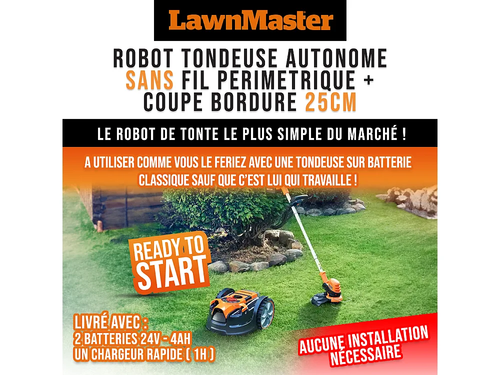 Robot tondeuse autonome 24V sans fil périmétrique - Le robot le plus simple du marché + Coupe bordures 24v et 2 batteries.