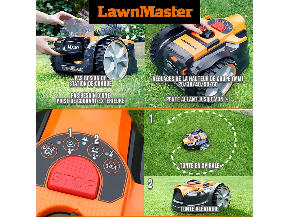 Robot tondeuse autonome 24V sans fil périmétrique - Le robot le plus simple du marché + Coupe bordures 24v et 2 batteries.