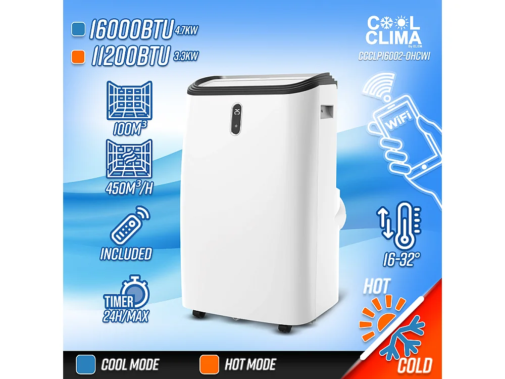 Climatiseur mobile réversible chaud/froid 16000BTU  4.7KW avec fonction Wifi et télécommande - Cool Clima