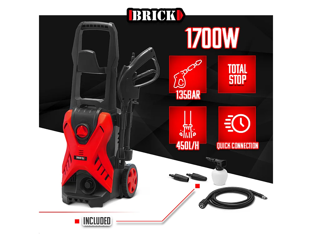 Nettoyeur haute pression 1700W - 135 bars sur roues - Buse turbo et buse rotative - Brick