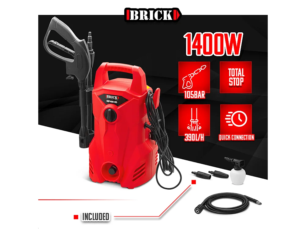 Nettoyeur haute pression 1400W - 105 bars - Buse turbo et buse rotative - Brick
