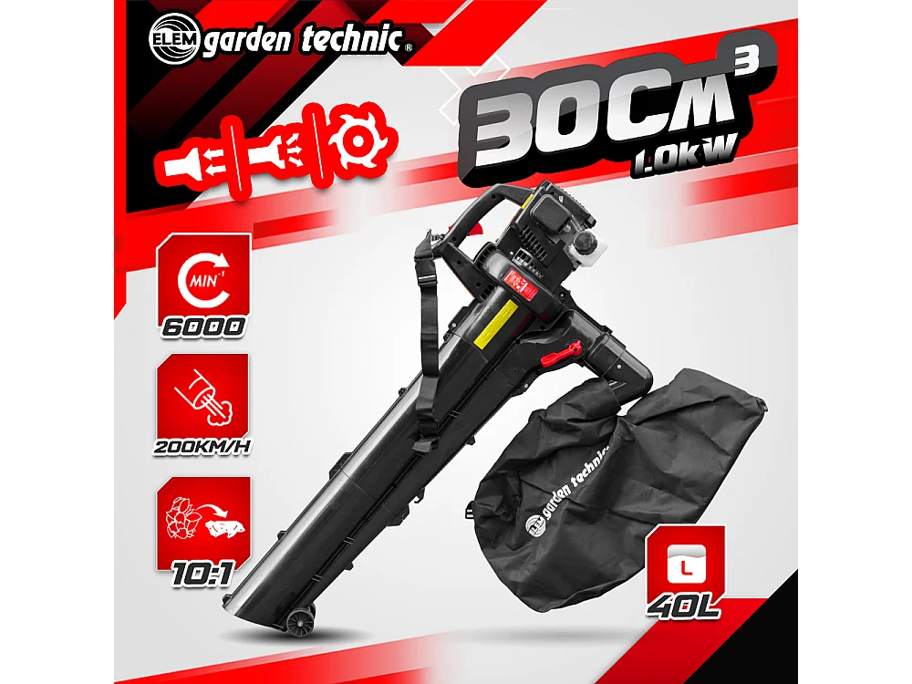 Aspirateur souffleur broyeur thermique 30CC, 200 km/h, 40 litres