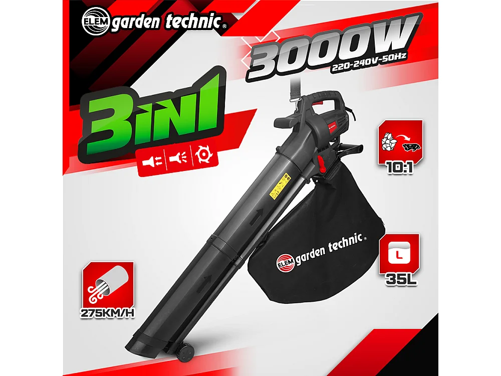 Aspirateur Souffleur Broyeur de Feuilles 3000W - 270 km/h - 10:1 - Sac 35L - Elem Garden