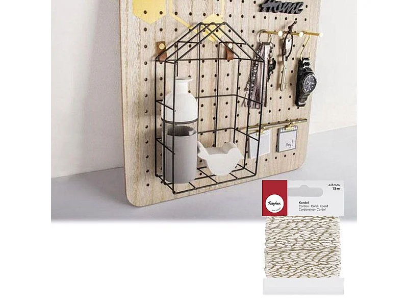 Etagère noire en fil de fer maison 16 x 25 cm + Ficelle dorée & blanche