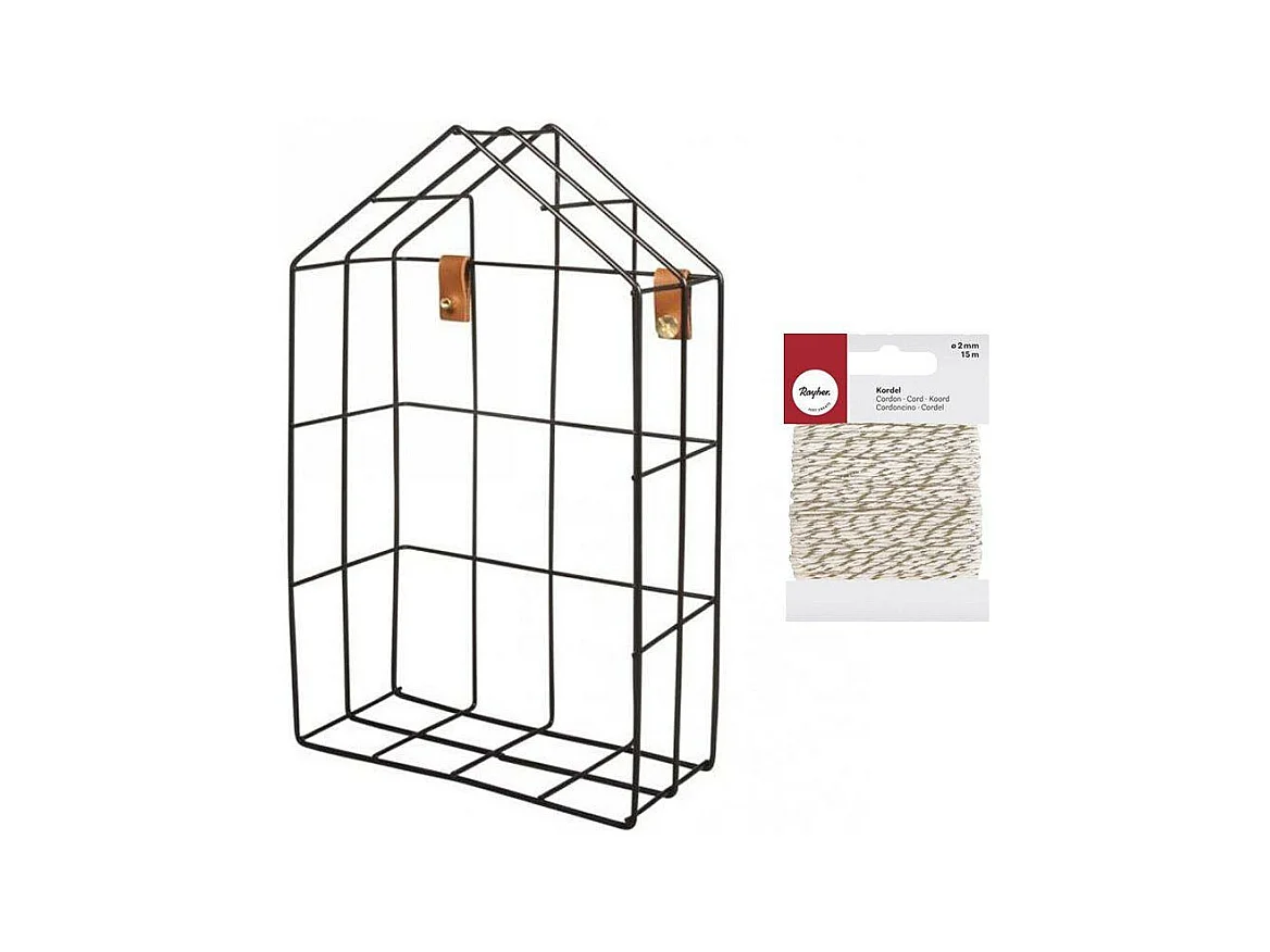 Zelfgemaakte draadplank 16 x 7 x 25 cm Zwart + 15 m goud & wit touw