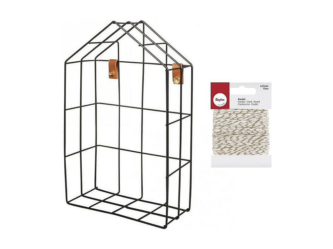 Drahtregal Haus 16 x 7 x 25 cm Schwarz + WeißGolden Schnur 15 m