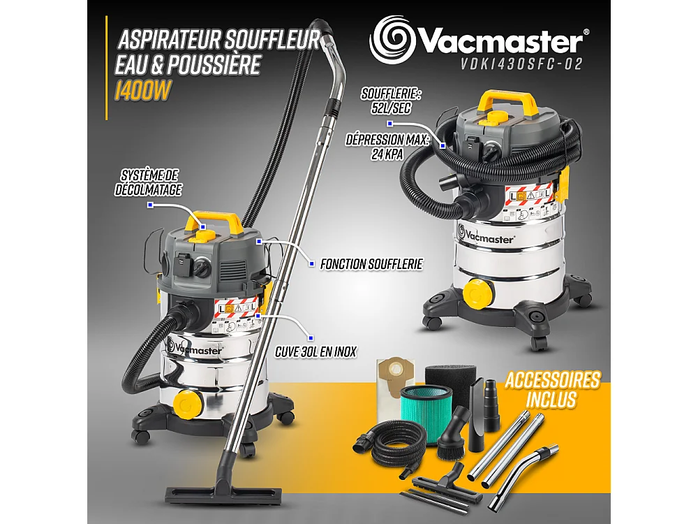 Aspirateur eau et poussières 1400W avec fonction décolmatage - 30L inox - 24 Kpa avec soufflerie et vidange de la cuve
