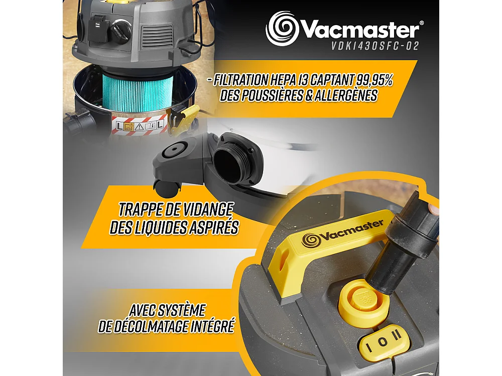 Aspirateur eau et poussières 1400W avec fonction décolmatage - 30L inox - 24 Kpa avec soufflerie et vidange de la cuve
