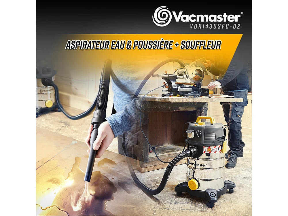 Aspirateur eau et poussières 1400W avec fonction décolmatage - 30L inox - 24 Kpa avec soufflerie et vidange de la cuve