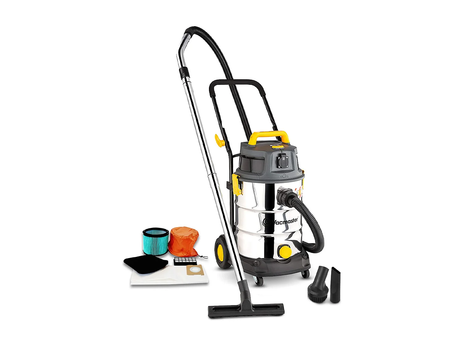 Aspirateur eau et poussières 1600W - 30L inox - 27 Kpa avec prise intégrée et bouchon de vidange