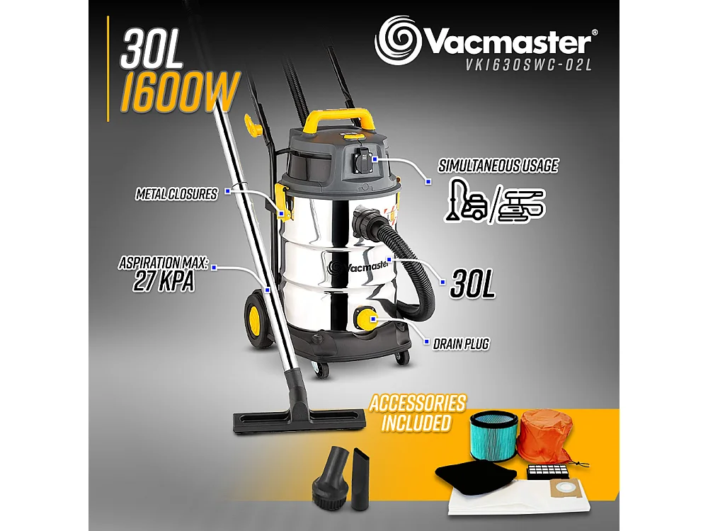 Aspirateur eau et poussières 1600W - 30L inox - 27 Kpa avec prise intégrée et bouchon de vidange
