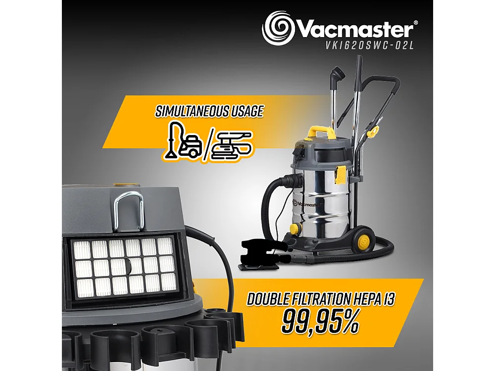 Aspirateur eau et poussières 1600W - 30L inox - 27 Kpa avec prise intégrée et bouchon de vidange