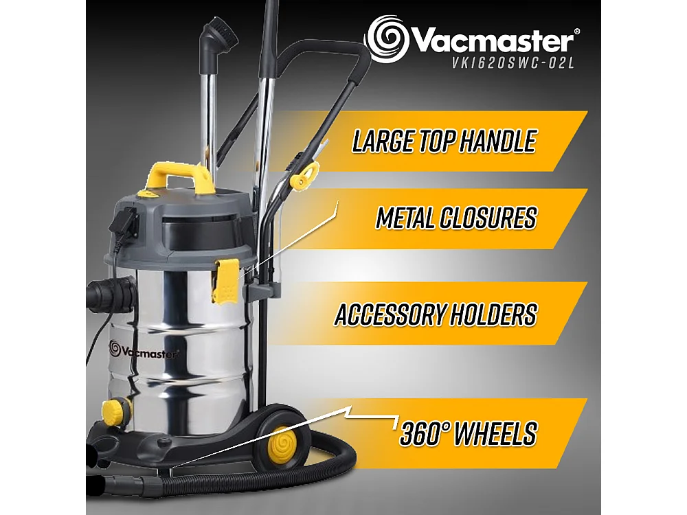 Aspirateur eau et poussières 1600W - 30L inox - 27 Kpa avec prise intégrée et bouchon de vidange